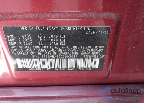 2012 Subaru Legacy 2.5I из США, поврежденный, VIN 4S3BMBA69C3003087